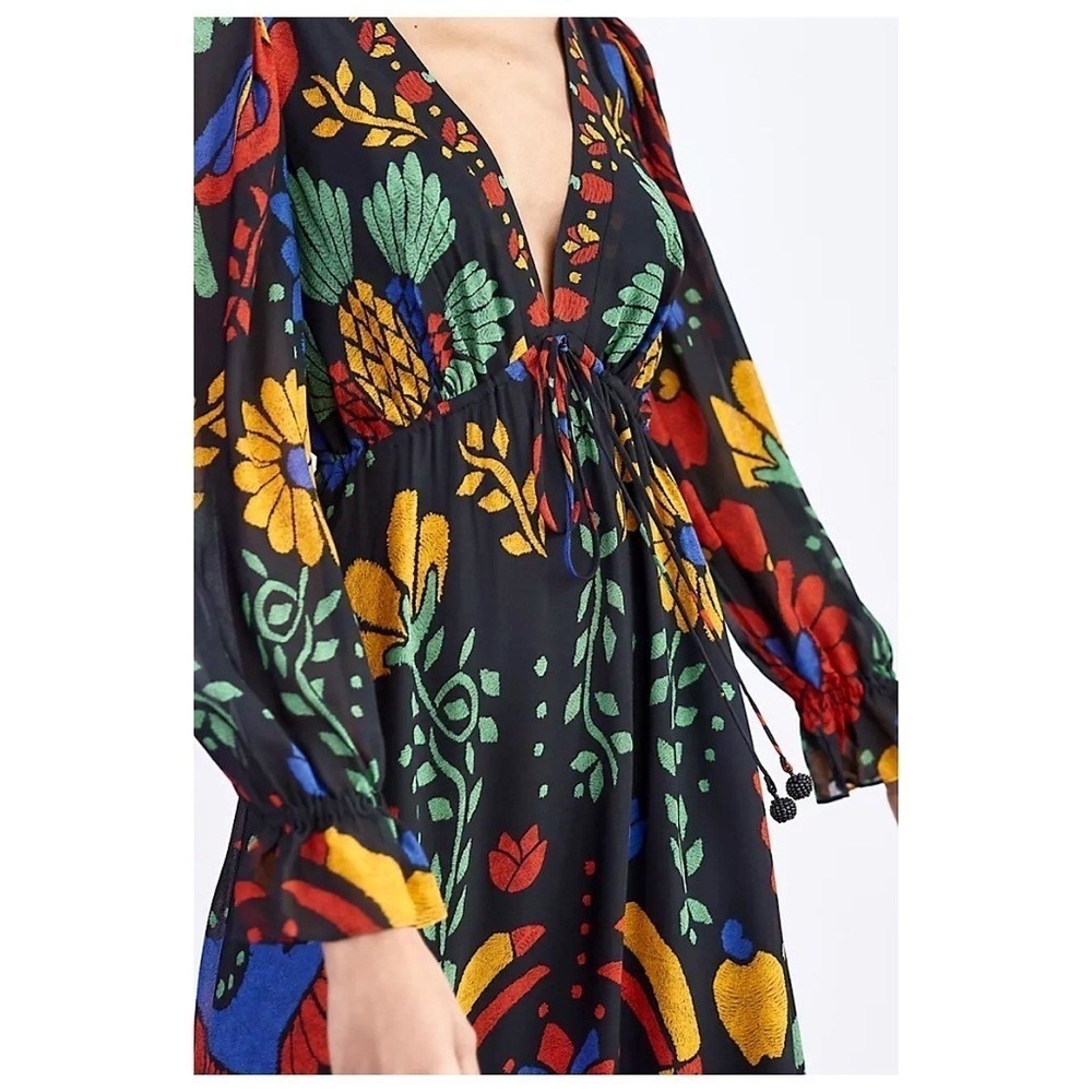 Farm Rio Black Tropical Toucan Floral V-Neck Maxi Dress S Long Puff Sleeve Boho - Picture 12 of 16